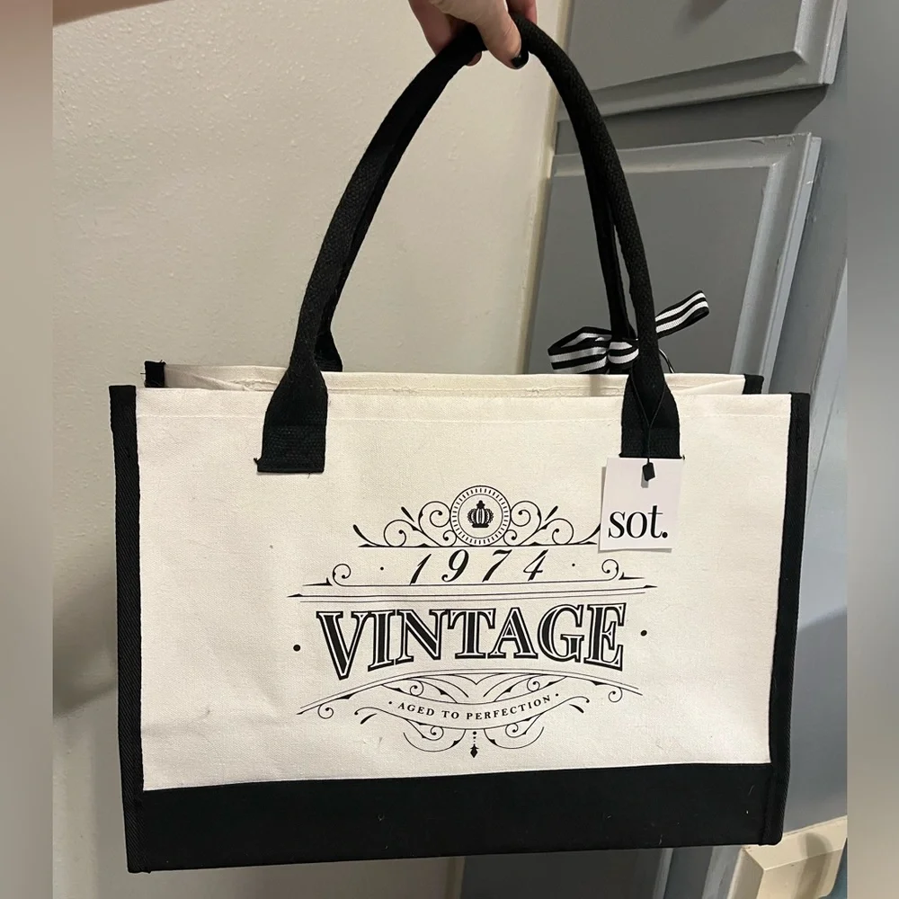 NWT “1974 Vintage, Back in 1974” Large Canvas Tote Bag Black & White Bow Detail